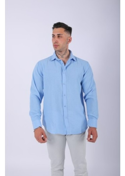 Erkek Pamuklu Keten Mavi Gömlek