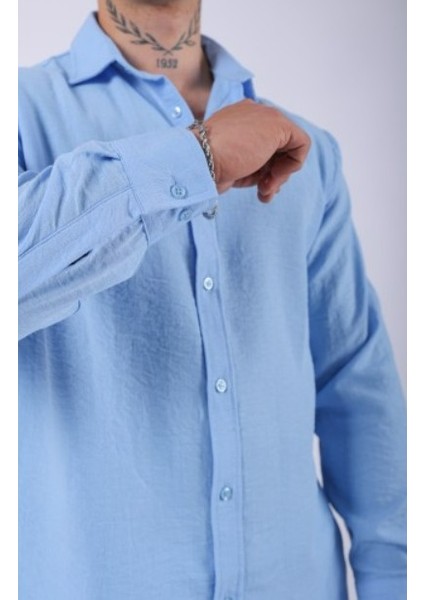 Erkek Pamuklu Keten Mavi Gömlek fiyatları