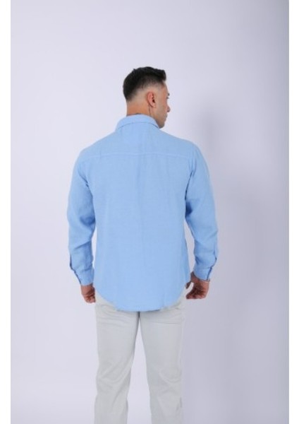 Erkek Pamuklu Keten Mavi Gömlek modelleri