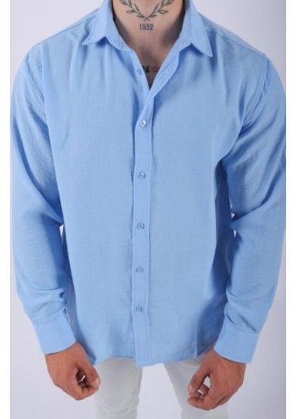 Erkek Pamuklu Keten Mavi Gömlek fırsatları