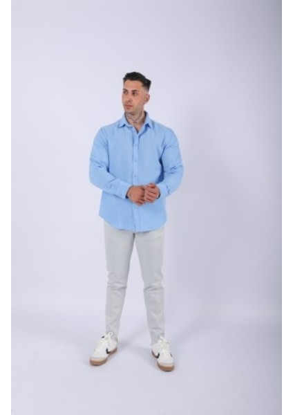 Erkek Pamuklu Keten Mavi Gömlek indirimleri