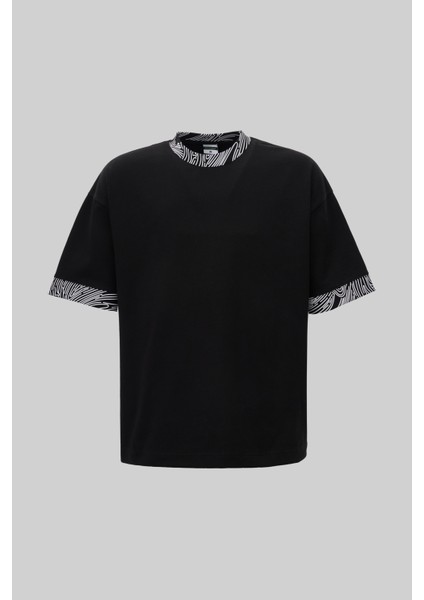 Erkek Collar And Sleeve Edge Printed Oversize Siyah Tişört
