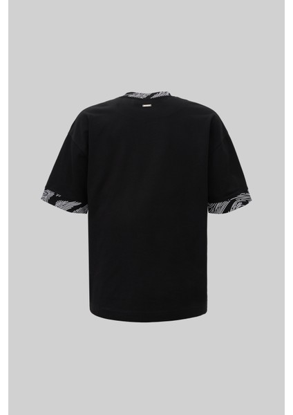 Erkek Collar And Sleeve Edge Printed Oversize Siyah Tişört