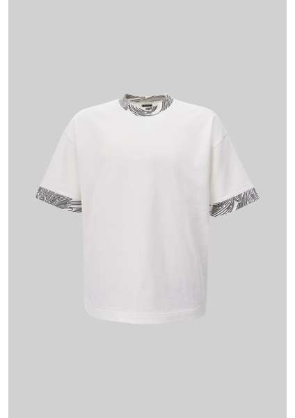 Erkek Collar And Sleeve Edge Printed Oversize Ekru Tişört