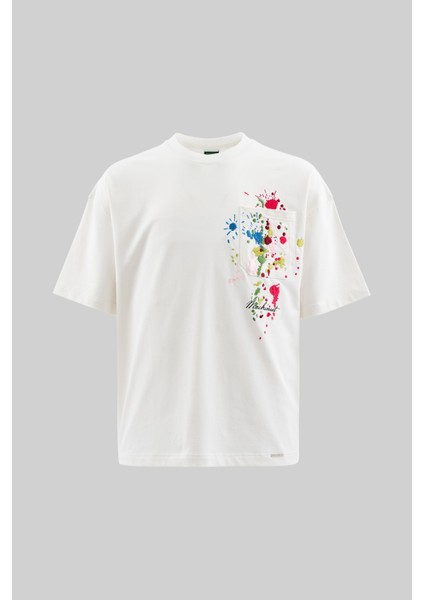Erkek Splater Look Colored Embroidered Oversize Ekru Tişört