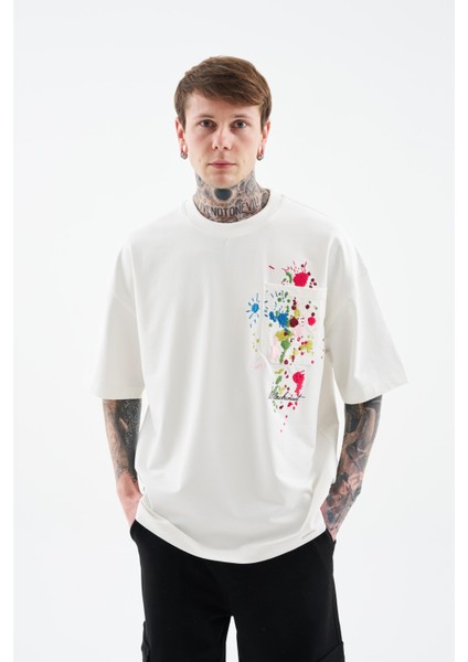 Erkek Splater Look Colored Embroidered Oversize Ekru Tişört fırsatları