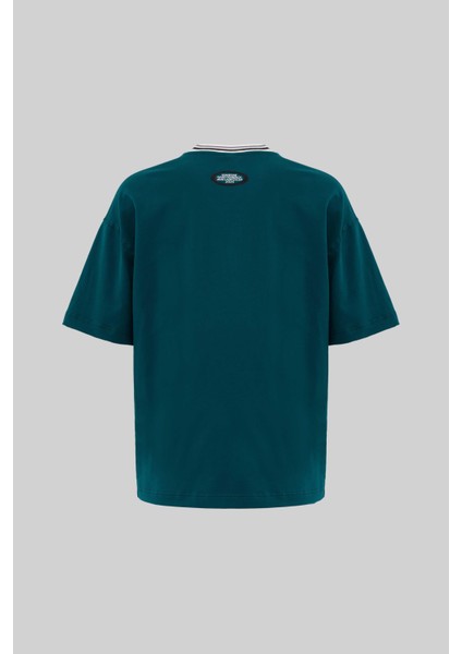 Erkek Striped Collar And Embroidered Oversize Oil Green Tişört fırsatları