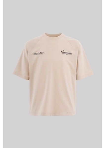 Erkek Slogan Printed Raglan Oversize Soft Bej Tişört fiyatları