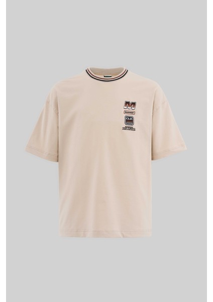 Erkek Striped Collar And Embroidered Oversize Soft Bej Tişört
