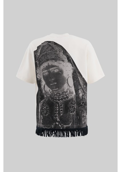 Erkek Traditional Fringe Oversize Ekru Tişört