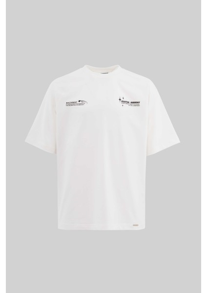 Erkek Slogan Printed Raglan Oversize Ekru Tişört