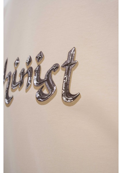 Erkek Mud Technical Printed Oversize Soft Bej Tişört