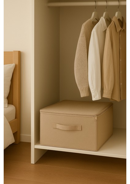 Destekli Hurç Büyük Boy Bej Renk – Fermuarlı Katlanabilir Saklama ve Düzenleme Kutusu