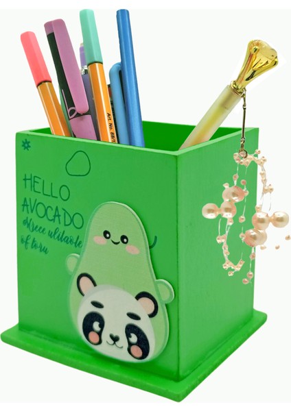 Ahşap Masaüstü Kalemlik Sevimli Avakado Panda Desenli Yeşil - 1 Adet fırsatları