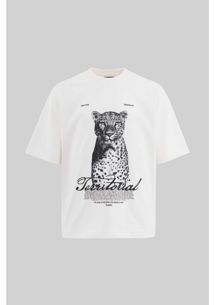 Erkek Leopard Printed Oversize Ekru Tişört