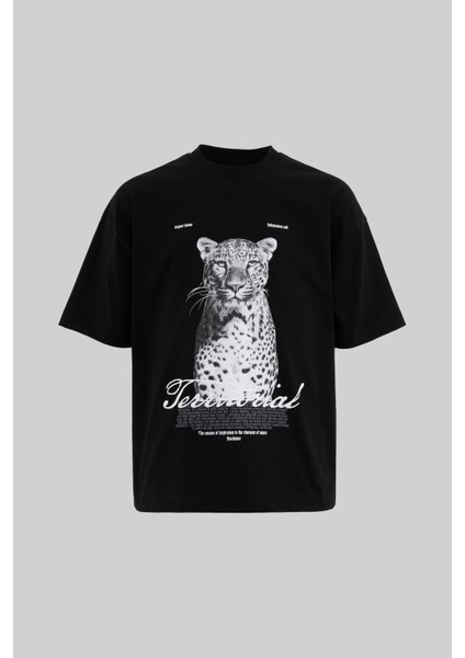 Erkek Leopard Printed Oversize Siyah Tişört