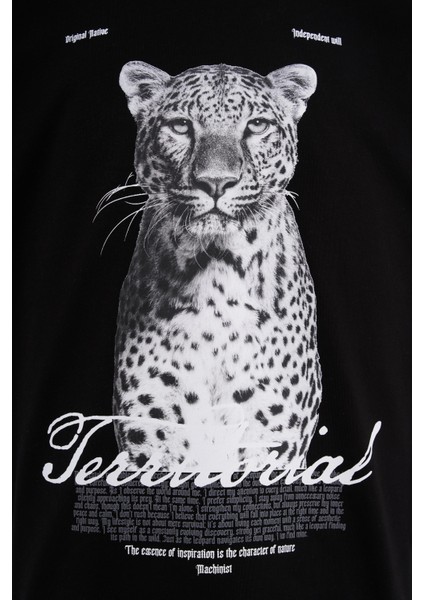 Erkek Leopard Printed Oversize Siyah Tişört