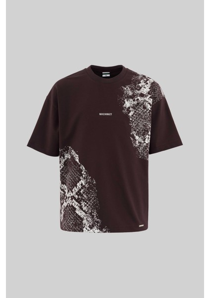 Erkek Crocodile Printed Oversize Kahverengi Tişört