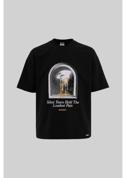 Erkek Golden Tears Printed Oversize Siyah Tişört