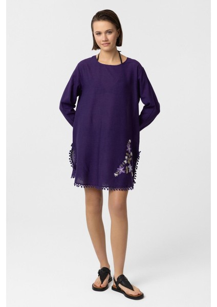 Mor Nakış İşlemeli Uzun Kollu Pamuklu Bluz Elbise modelleri