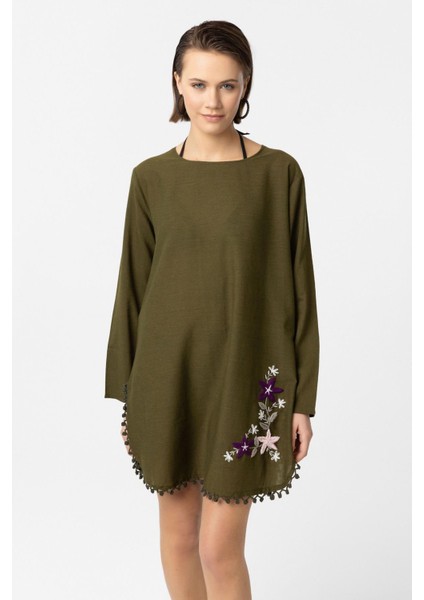 Yeşil Nakış İşlemeli Uzun Kollu Pamuklu Bluz Elbise