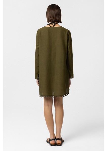 Yeşil Nakış İşlemeli Uzun Kollu Pamuklu Bluz Elbise indirimleri