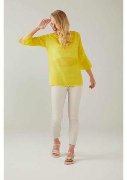 Sarı Şile Bezi Işlemeli Bluz modelleri