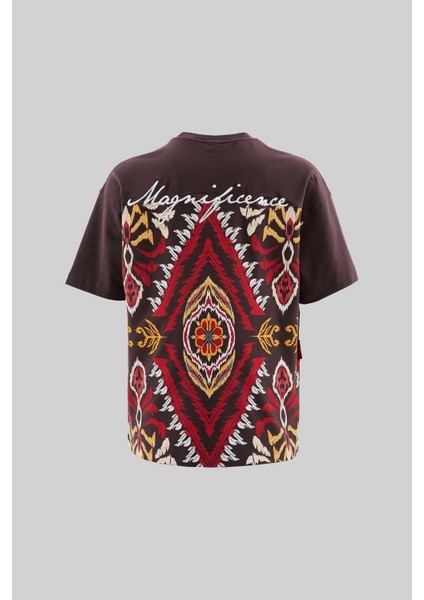 Erkek Ethnical Printed And Embroidered Tişört Oak Coffe
