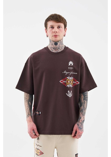Erkek Ethnical Printed And Embroidered Tişört Oak Coffe modelleri