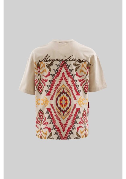 Erkek Ethnical Printed And Embroidered Tişört Soft Beıge