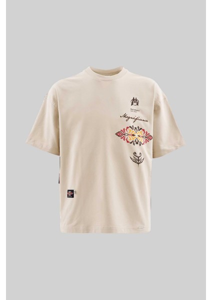 Erkek Ethnical Printed And Embroidered Tişört Soft Beıge