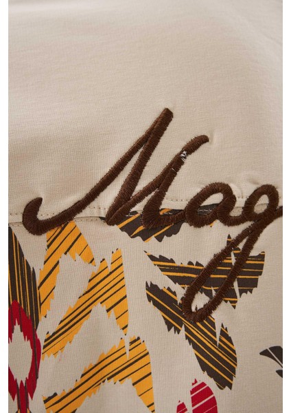 Erkek Ethnical Printed And Embroidered Tişört Soft Beıge