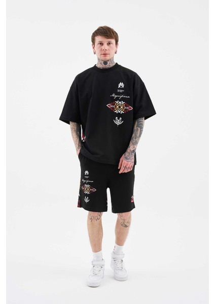 Erkek Ethnical Printed And Embroidered Tişört Dark Black fırsatları