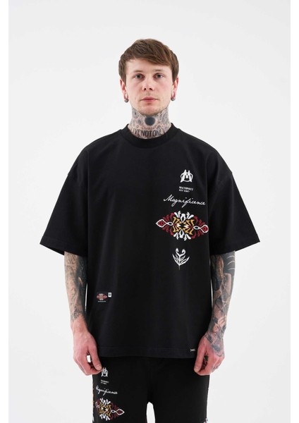 Erkek Ethnical Printed And Embroidered Tişört Dark Black