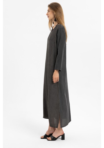 Siyah Işlemeli Uzun Kollu Astarsız Pamuklu Uzun Elbise indirimleri