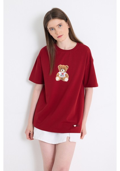 Bordo Ayı Baskılı Oversize Tişört 6402