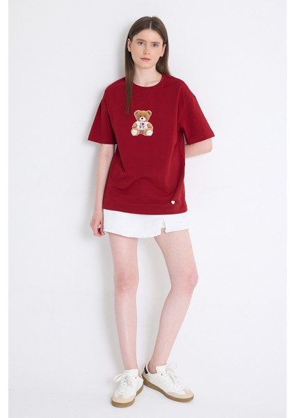 Bordo Ayı Baskılı Oversize Tişört 6402 modelleri