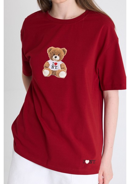 Bordo Ayı Baskılı Oversize Tişört 6402 fırsatları