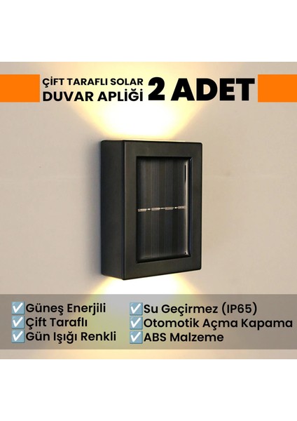 Güneş Enerjili Çift Taraflı Dekoratif Duvar Lambası Solar Aplik 2 Adet