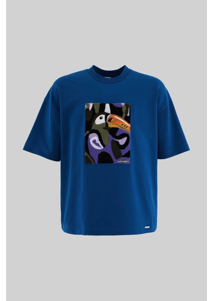 Erkek Parrot Embroidered Oversize Indigo Tişört
