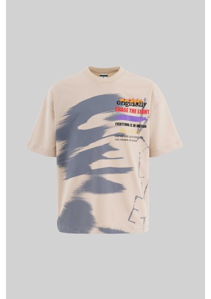 Erkek Multi Colored And Slogan Printed Oversize Soft Bej Tişört
