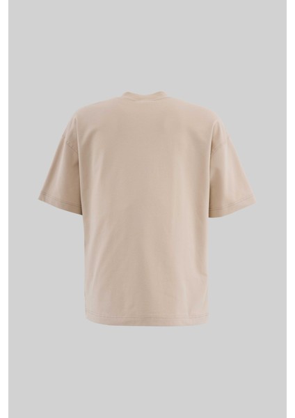 Erkek Parrot Embroidered Oversize Soft Bej Tişört