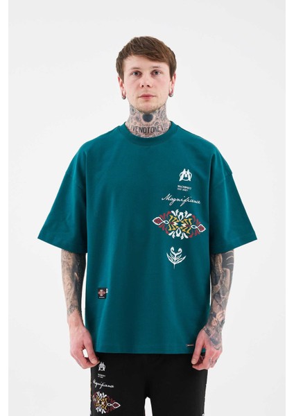 Erkek Ethnical Printed And Embroidered Tişört Oıl Green fırsatları