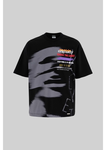 Erkek Multi Colored And Slogan Printed Oversize Siyah Tişört
