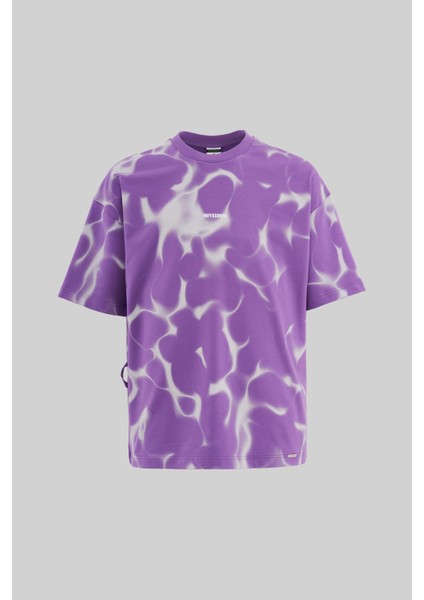 Erkek All Over Abstract Pattern Printed Oversize Mor Tişört