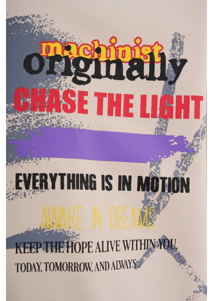 Erkek Multi Colored And Slogan Printed Oversize Soft Bej Tişört