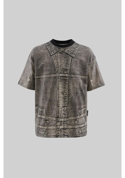 Erkek Denim Efect Oversize Kahverengi Tişört