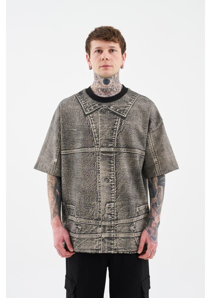 Erkek Denim Efect Oversize Kahverengi Tişört indirimleri