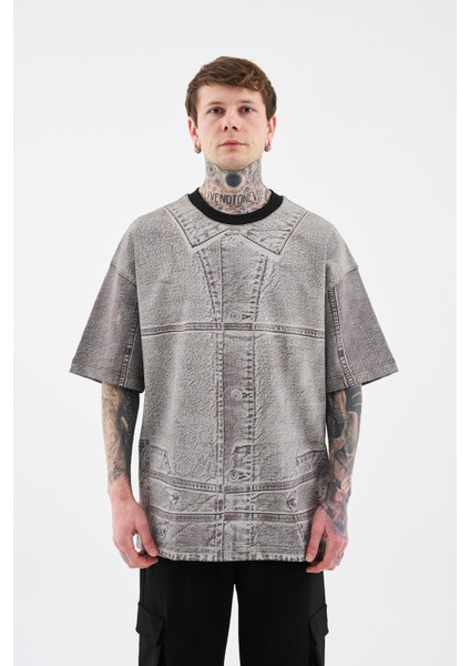 Erkek Denim Efect Oversize Soft Bej Tişört