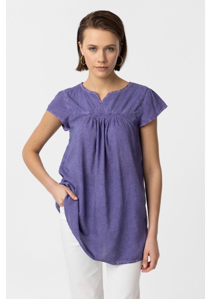 Mor Sırtı Nakışlı Kısa Kollu Pamuklu Gömlek Bluz